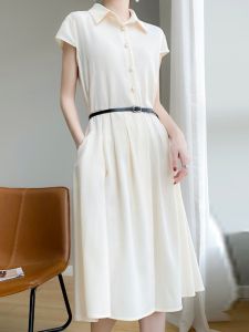 Elegant Pure Color Shirt Dress with Polo Collar A-Line Silhouette Short Sleeve Long Skirt Womens High-End Luxury Waist-Cinching