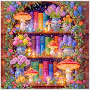 KAYOU | DIY Magical Mushroom Floral Bookshelf Diamond Painting Glowing Colorful Vintage Book Starry Night Wall Decor Gift