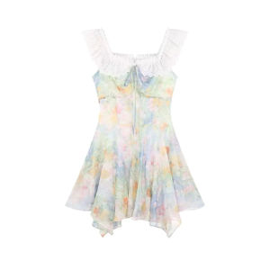 Dopamine Painting Floral Short Skirt Womens Style 2025 Small Size Waist Cinched A-Line Mini Dress Summer Season Fashion Trend