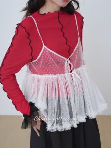 Red Berries Camellia Special Red Dot Lace Trim Decorative Overlap Strap Vest Sweet Style Polyester Fiber Womens Outerwear