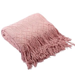 Decorative Acrylic Knitted Lightweight Throw Blanket Soft and Cozy Throw with Tassels for Couch Bed Sofa Sweetheart Pink Plaid