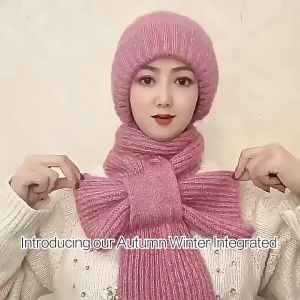 Topi Syal Rajut Musim Dingin Bahan Wol dengan Kantong di Syal Kanan untuk Selip Syal Kiri