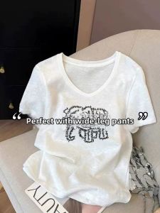 Snow Cotton V-Neck Short Sleeve T-Shirt Loose and Slimming