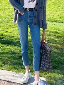 High Waist Fleece Lined Blue Denim Jeans Womens Straight Leg Slimming Spring Autumn New Style Breadstick Pants