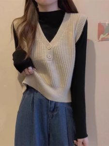 นุ่ม เสื้อกั๊ก เสื้อท่อนบน อินเทรนด์ Layering คอวี เปิดไหล่ เสื้อสเวตเตอร์ถัก เสื้อ Bottoming สไตล์สั้นสําหรับผู้หญิงธุรกิจใน ฤดูหนาว