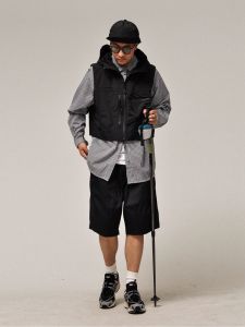 เสื้อกั๊กแบบมีฮู้ดบางสำหรับกลางแจ้งสไตล์ญี่ปุ่นสำหรับผู้ชายในฤดูร้อน ทรงหลวม ไม่ต้องรีด แขนสั้น ทรงปกติ