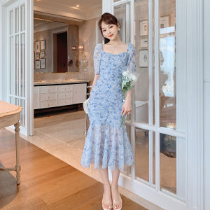ZYHT eravogue đầm đuôi cá thiết kế xếp li cổ áo vuông Đầm voan Hoa váy midi phong cách hàn quốc 4860