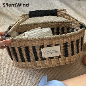 ถังเก็บของทอแบบมือทำสไตล์ Ins สำหรับห้องน้ำ กระสอบเก็บของขนาดกลาง 37x21x17 เซนติเมตร อุปกรณ์จัดระเบียบสำหรับบ้าน