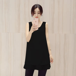 New round Neck Chiffon Camisole Womens Mid Length Long Length Summer Outwear Pure Color Plus Size Loose Sleeveless Inner Match Base