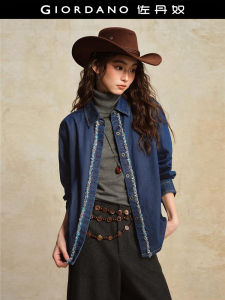 Designer Giordano Womens Long Sleeve Denim Shirt Washed Splicing Frayed Dark Door Tube Cotton Polyester Blend Casual Shirt