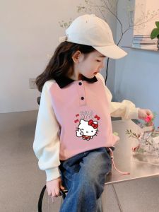 Girls Autumn Winter Hoodie Polo Collar Cartoon Kawaii Top Fashionable Childrens Wear Comfortable Cotton Inner Liner Regular Fit