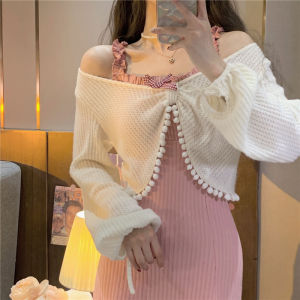 Spring & Fall Soft Girl Cute Bows Small Sling Short Dress Sweet Cardigan Outer Wear Pure Desire Style Two-piece Set Pack