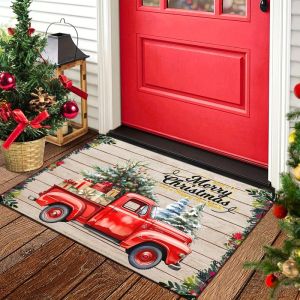 VIKAMA Vintage Red Truck Christmas Doormat Merry Christmas Welcome Mat Xmas Tree Gifts Front Door Rug Farmhouse Decor