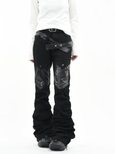 OV Original American Abib Style Punk Patchwork Leather Design Micro Flared Casual Pants Womens Folded Lightweight Long Trousers Trendy