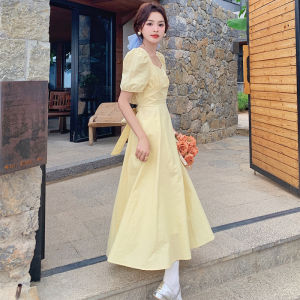 Yellow Sweet Backless A-Line Long Dress Womens Summer Slimming French Style Dress Korean Version Belted V-Neck Bubble Sleeve