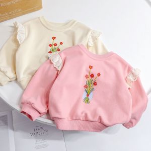 Girls Long Sleeve Lace Sweatshirt Spring Summer Loose Overhead Baby Top Childrens Loose Fit Crew Neck Cotton T-Shirt