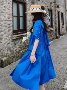 Klein Blue Bubble Sleeve Dress Womens Summer New Design Loose Sweet Temperament Skirt Korean Style round Neck Short Sleeve