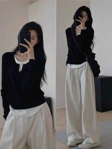 เสื้อสเวตเตอร์คอวีแขนยาวทรงสลิมฟิตสำหรับผู้หญิง ทรงหลวม ทรงลำลอง ฤดูใบไม้ร่วง/ฤดูหนาว ทรงลำลอง ทรงไม่สมมาตร ชุดสองชิ้นปลอม