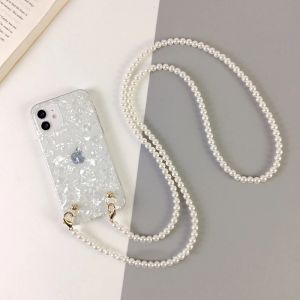 For iPhone 15 11 12 13 14 Pro Max XR X XS 7 8 plus Pattern case with Chain Cover Crossbody Lanyard Necklace Pearl Bracelet Shell