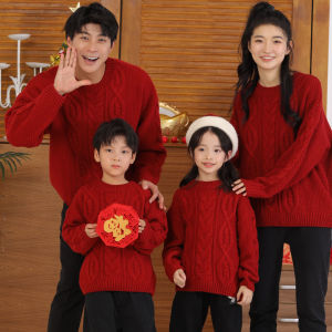 DHWA Snake Year New Year Family Matching Clothes Red Celebration Sweater for Four Members Warm Casual Natural Colored Cotton