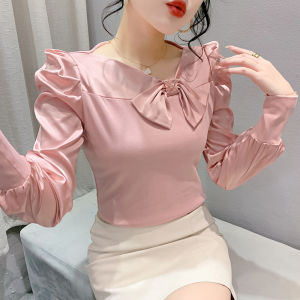 YIMEI 2024 Spring New Satin Bubble Long Sleeve Womens Pink Top with Western Style Bow V Neck Elegant T-shirt Slim Fit Cotton Base