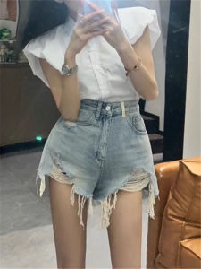 Quần Short Denim Cạp Cao Rách Viền Cho Nữ Mùa Hè Quần Ống Rộng Dáng Chữ a Ôm Sát Cơ Thể Quần Jeans Rách Nhẹ