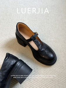 Genuine Leather Mary Jane Shoes Womens round Toe High Heel Thick Bottom Retro Style Fashion Single Shoes Soft Insole Rubber Outsole