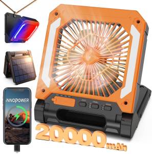 20000mAh Portable Solar-Powered LED Fan with USB Rechargeable Battery and Emergency Power Bank Function for Camping and Travel