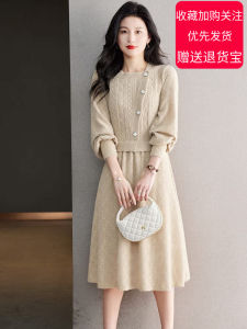Thickened Lace Splicing Fake Two-Piece Knitted Dress Womens Autumn Winter New Style Waist-Cinching Single Wear Sweater Dress