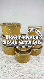 ECO KING 25PCS KRAFT PAPER BOWL WITH PET LID FOR RICE BOWL SALAD TAKE AWAY MICROWAVABLE SAFE