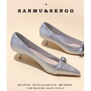 Leather Pointed Toe Thin Heel High Heels Womens New 2025 French Style Professional Slip-On Single Shoes 3cm mid Heel