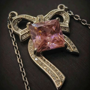 Bow Accent Pink Crystal Pendant Necklace，Vintage Bowknot Rose Crystal Statement