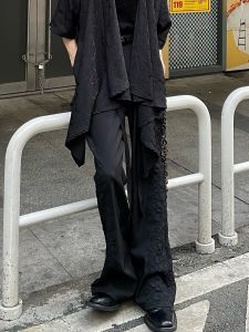 Retro Chinese Style Patchwork Belted Design Loose Casual Mens Wide Leg Pants Straight Cut Anti-Wrinkle Long Trousers