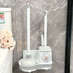 Full Set Wall-Mounted Toilet Brush No Dead Angles Household Bathroom Cleaning Tool Storage Rack Silver Elegant Design