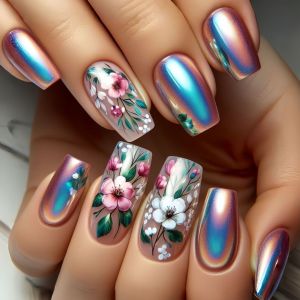 Medium fake nails gradient blue pink white colors flowers design for Spring summer full cover ABS Press-On Artificial Nails kits