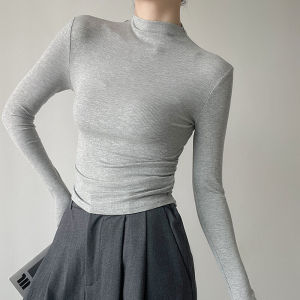 Hong Kong Style Chic Elegant Half Turtleneck Bottoming Shirt Long Sleeves T-shirt Womens Fall/Winter Slim Short Ruched Design Blouse