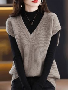Ladies Knitted V-neck Wool Sweater Loose Sleeveless Autumn Winter New Style Cashmere Wrap Spring Summer Commute Fashion