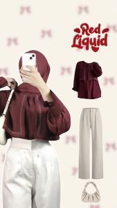Satu Set Blouse Wanita Lucu Elegan (Atasan Maroon + Celana Kulot Wanita + Tas Bahu 3in1 AM168N)