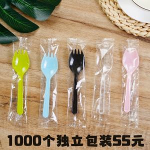 Disposable Plastic Fork Spoon Integrated Yogurt Spoon Mousse Spoon Dessert Fruit Fork Individually Packaged Korean Style Dining Utensils