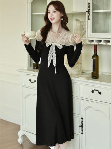 French Vintage Hepburn Style Long Sleeve Lace Insert Slimming Waist Dress Womens High End Feeling Low Waist A-Line Dress