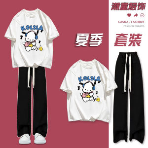 Summer Cotton T-Shirt And Straight Leg Pants Set for Girls Short Sleeve Cartoon Pachat Dog Print Versatile mid And Large Size Kids