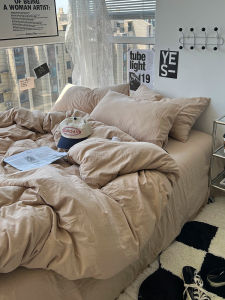 Retro Style Washed Cotton Bedding Set Pure Color Four-Piece Quilt Cover 1.8 Bed Sheet Bed Skirt Dormitory Three-Piece Set