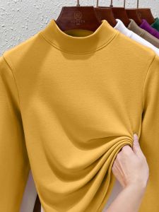 Womens Half High Collar Long Sleeve Base Shirt Autumn Winter Thermal Inner Wear Elegant mid Collar Top Polyester Fiber