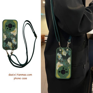 Huawei Mate70Pro Rose Oil Painting Crossbody Silicone Leather Phone Case Full Cover Mate60 Durable TPU Lanyard for Women