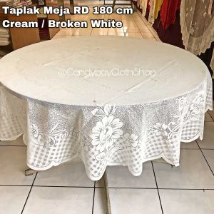 Taplak Meja Tamu / Taplak Meja Makan 6 Kursi RD 180 cm Cream/Broke White Bahan kain polyester corak bunga mahkota