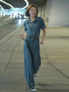 Korean Style Unique Design One-Piece Polo Collar Short Sleeve Loose Slimming Denim Wide Leg Pants Summer Womens Suit