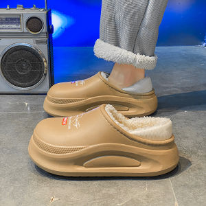 Nam Mùa Đông Đáy Dày Cotton Vải Bông Dép Đi Trong Nhà Văn Phòng Ấm Áp Lông Cừu Đế Cao Su Chống Thấm Nước Lót Chống Trơn Trượt Slip-on Giày