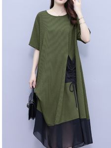 Summer New plus Size Knee-Length Dress Women Fashion Belly Cover Short Sleeve Splicing Base Skirt Casual round Neck A-Line Dress