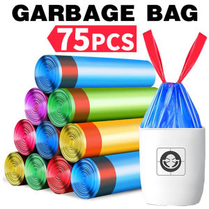 75Pcs Pull Rope Garbage Bag Household Thickened Plastic Trash Bags Kitchen Garbage Bag 15pcs/Roll