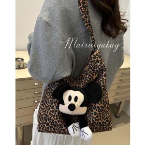 Ladies Large Capacity Leopard Print Tote Bag Commuter Shoulder Bag Plush Toy Doll Bag Soft Fabric Magnetic Buckle Closure